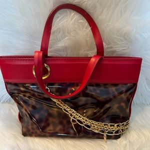 Roberto Cavalli red leather tortoise shell tote bag with tags.